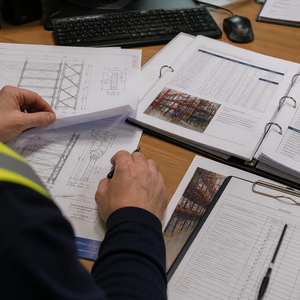 Commercial shelving drawings, load details and inspection records on a desk