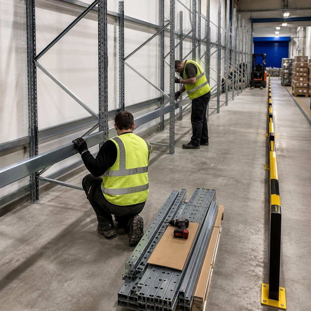 Installers assembling commercial shelving beside a controlled warehouse aisle
