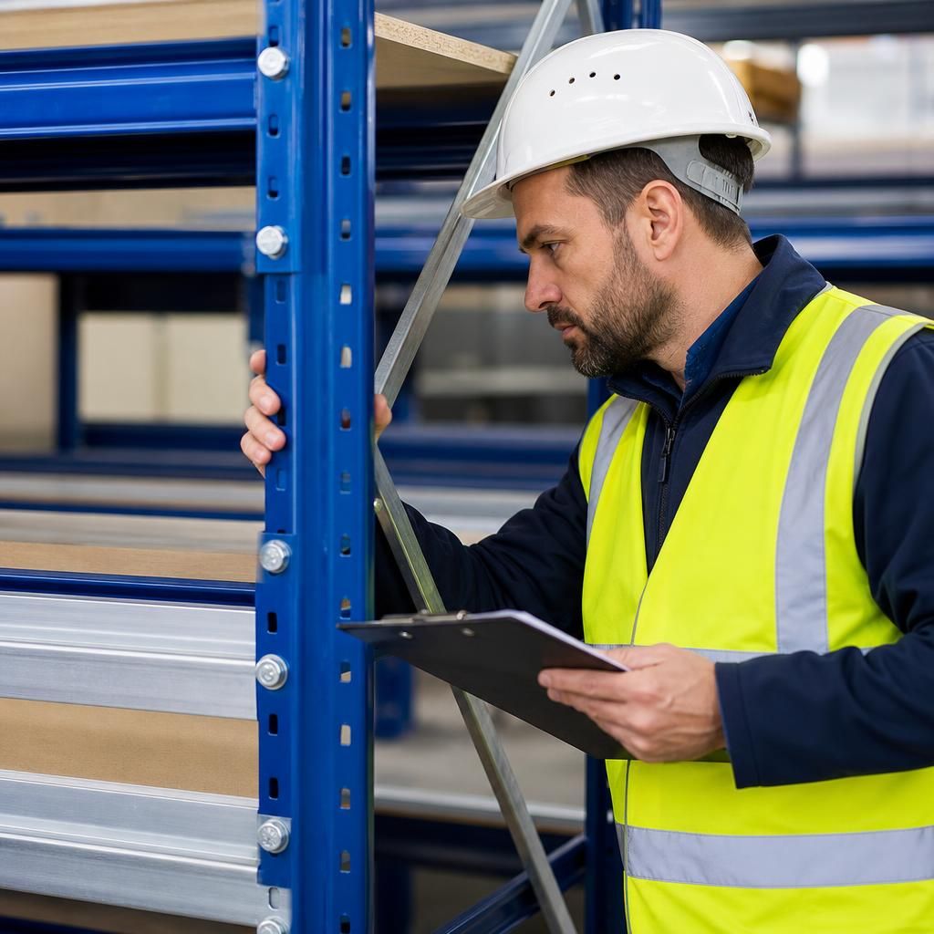 Inspector checking commercial shelving connections and shelf levels