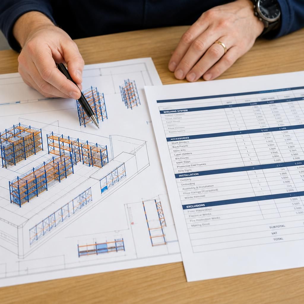 Commercial shelving layout drawing beside a written quotation