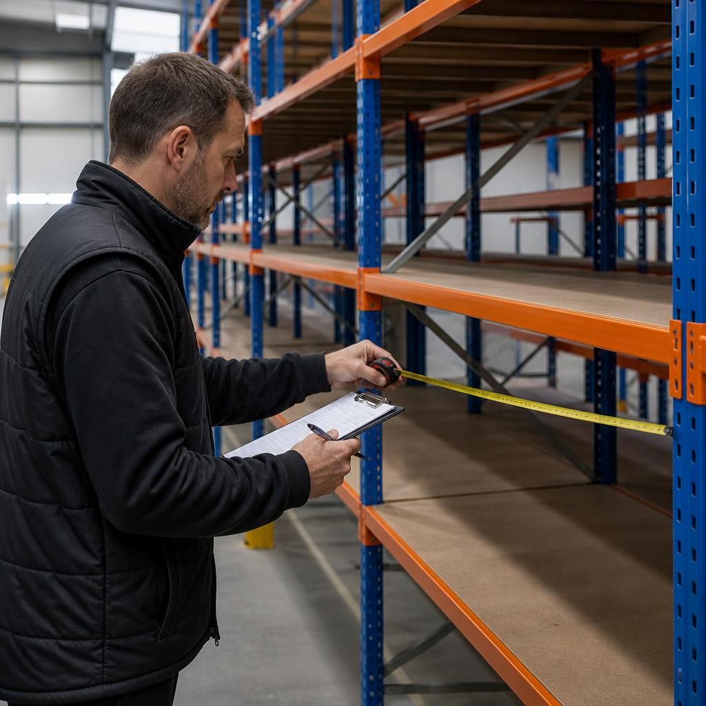 Surveyor checking measurements beside shelving in a commercial storage area
