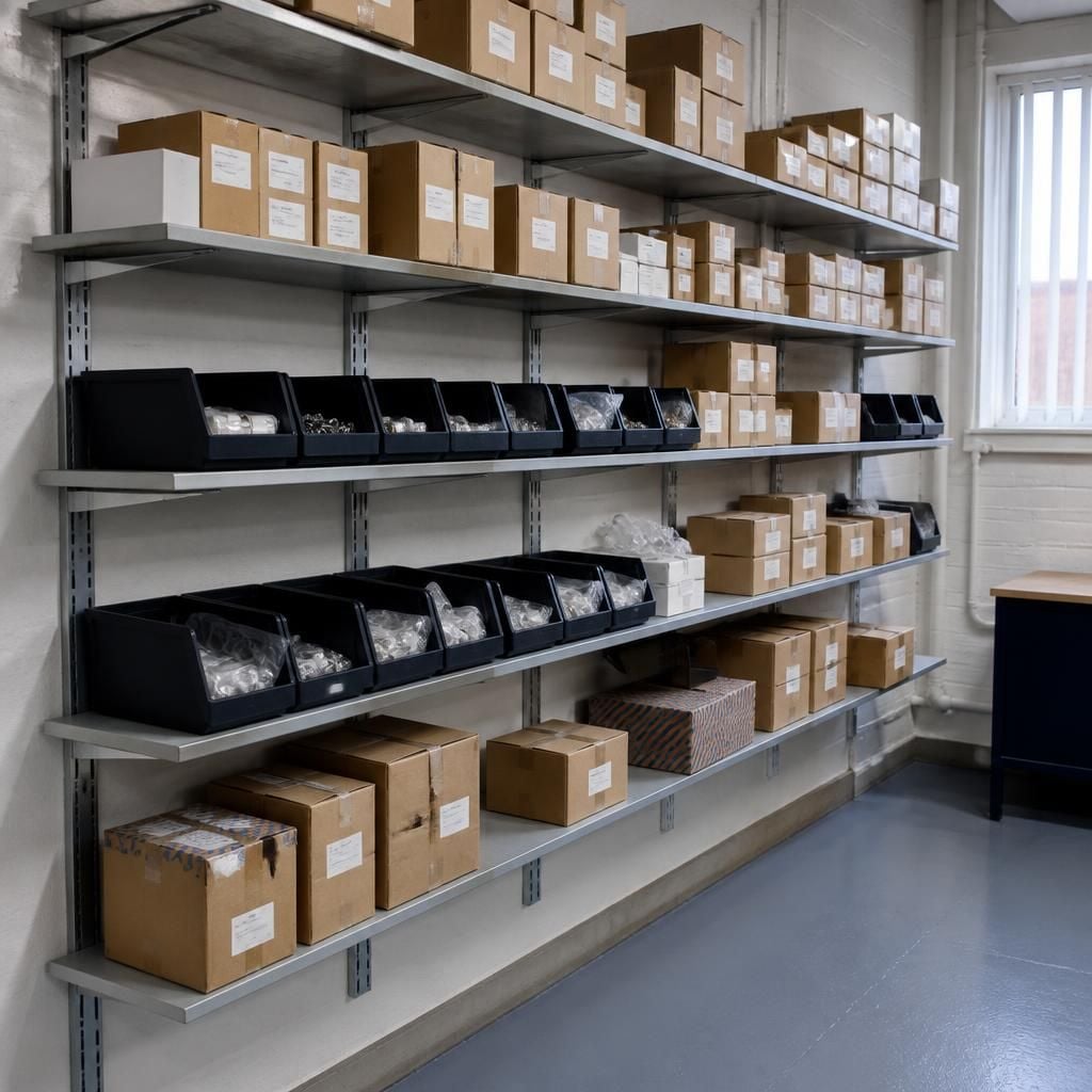 Wall-mounted shelving holding labelled boxes along a commercial storage room wall