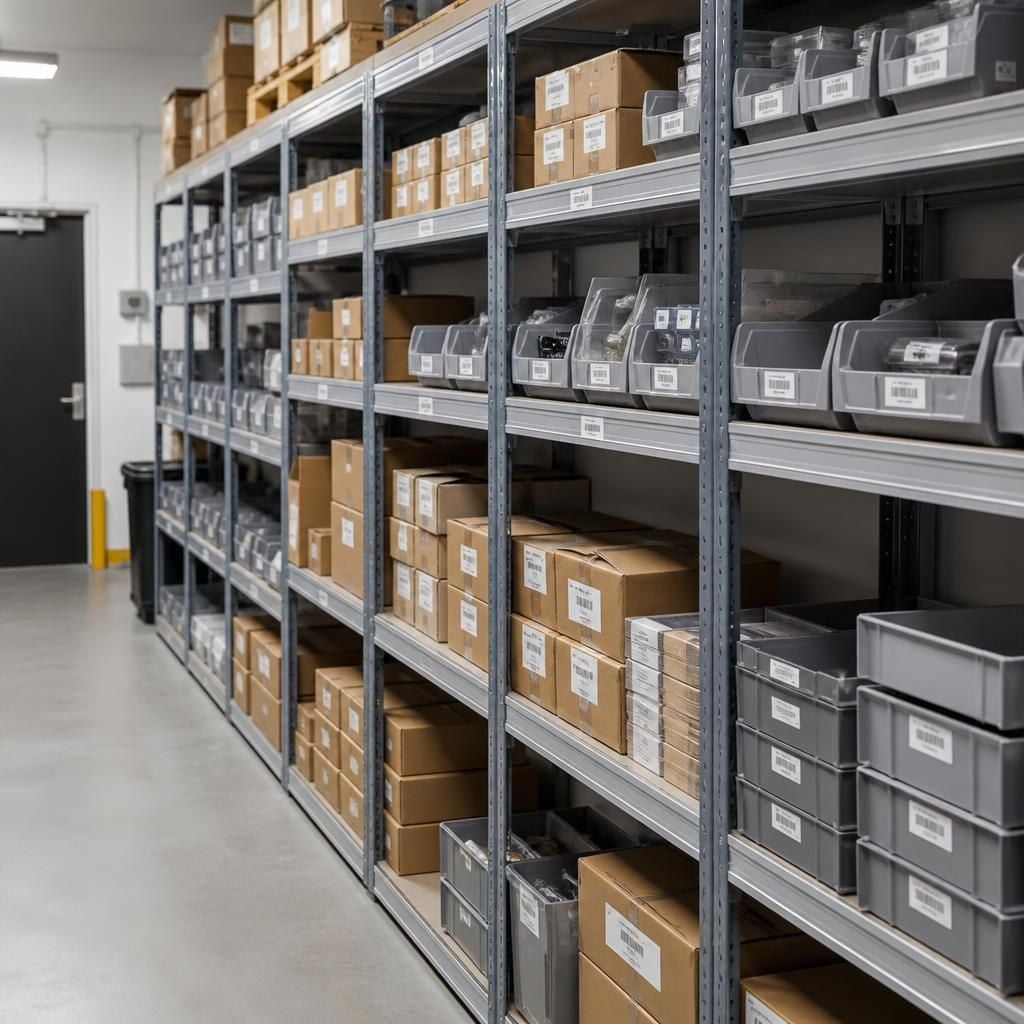 Adjustable modular shelving holding labelled boxes in a commercial stockroom
