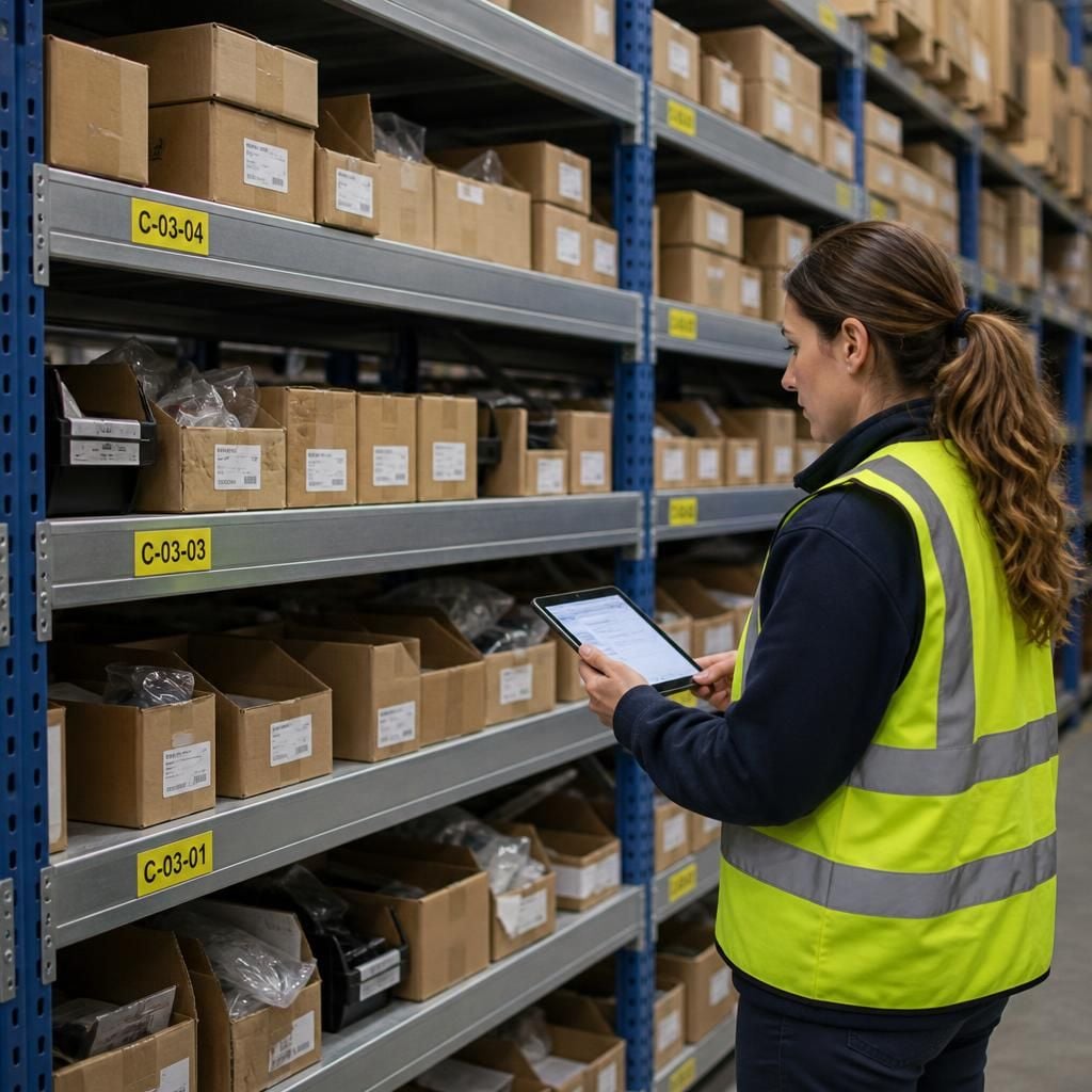 Warehouse shelving with adjustable shelf levels and labelled stock bays