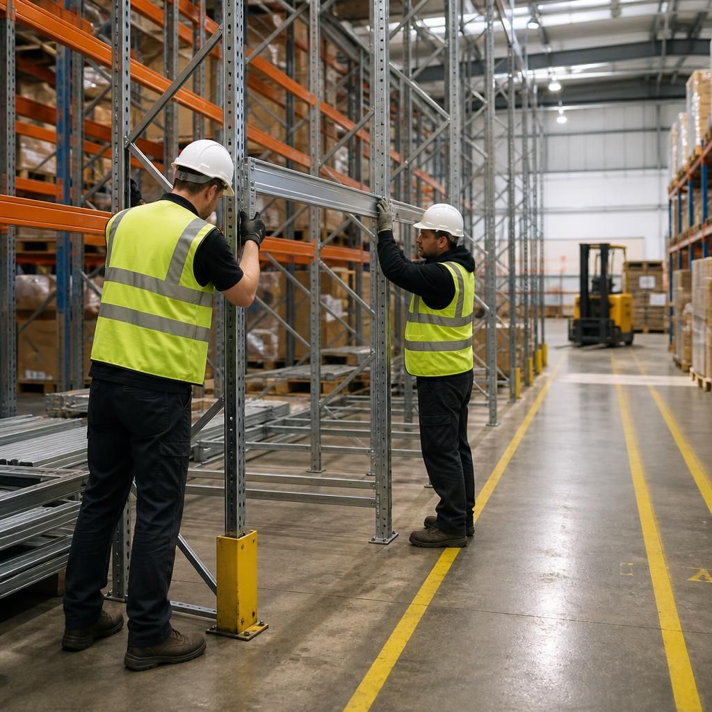 Installers assembling metal shelving beside a marked warehouse aisle