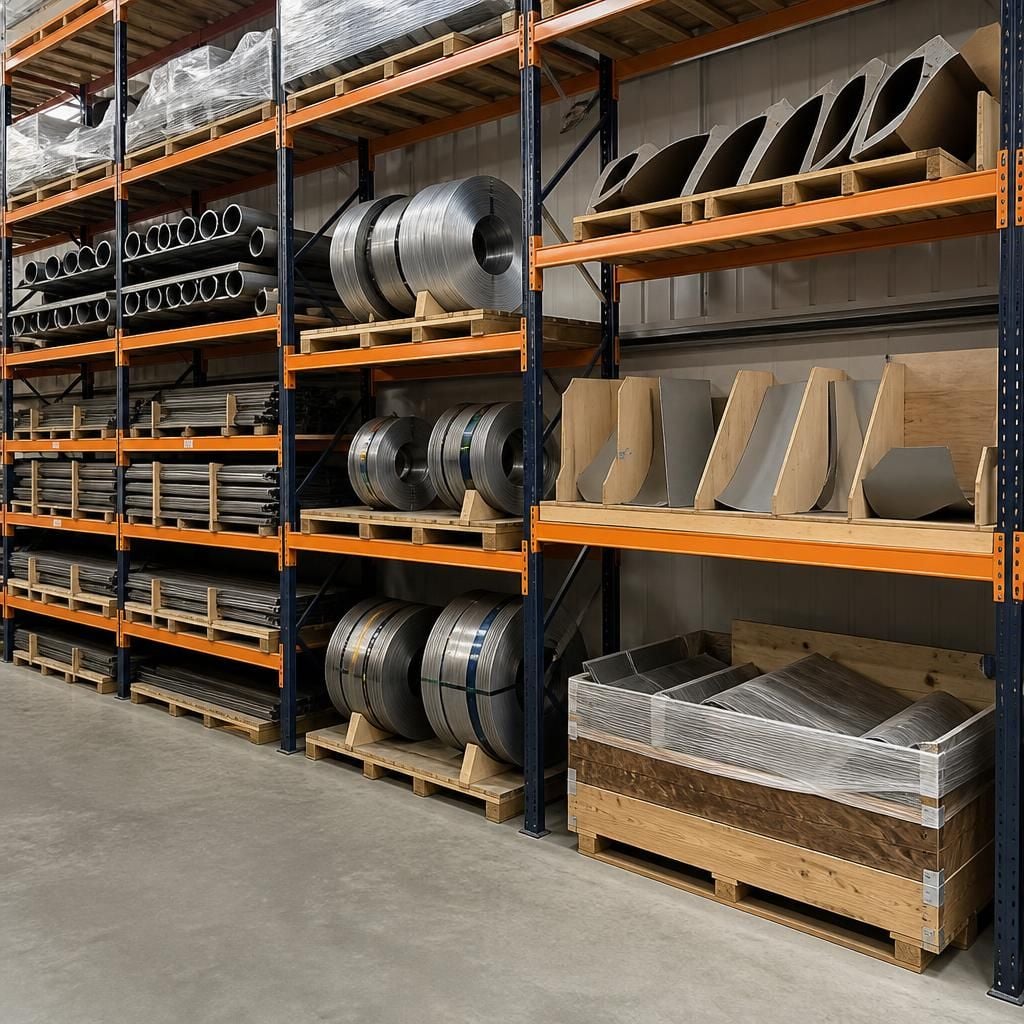 Warehouse shelving storing long, coiled and irregularly shaped stock in separate sections