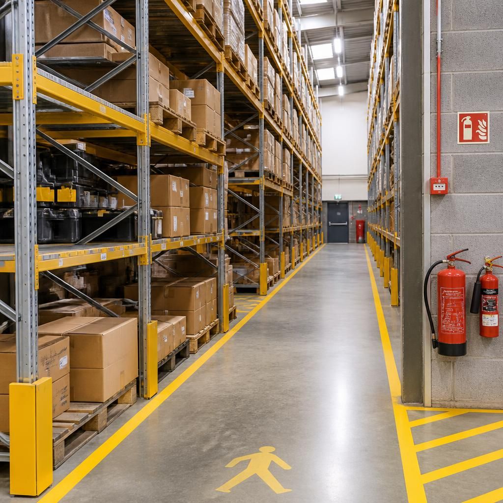 Warehouse shelving with marked aisles, clear access routes and visible fire equipment