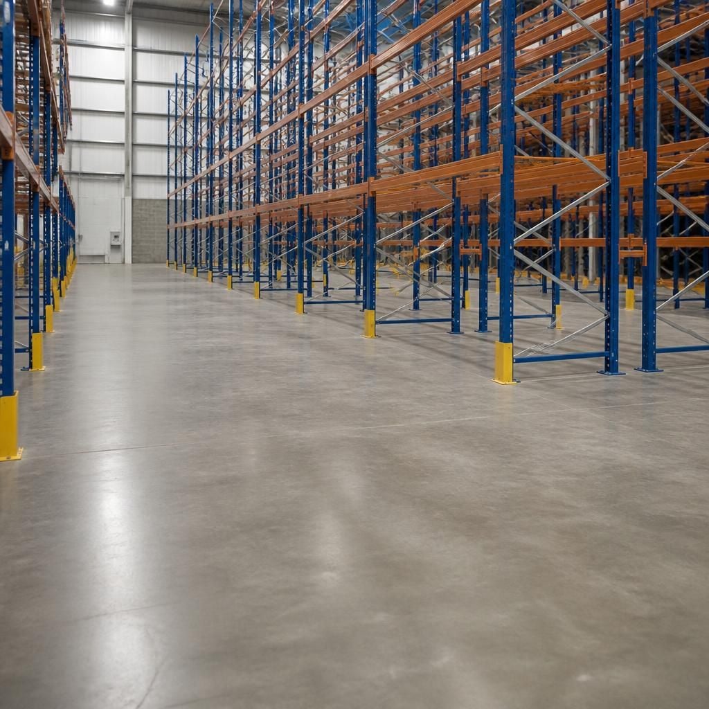 Warehouse shelving installed on a clean, level concrete floor