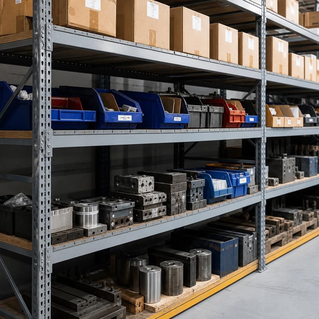 Warehouse shelving holding cartons, storage bins and dense component boxes