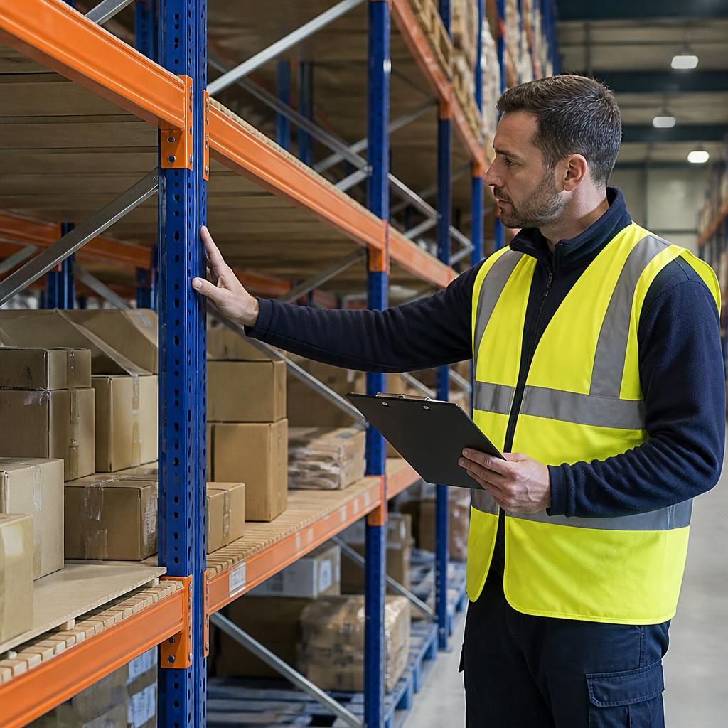 Warehouse worker inspecting shelving uprights, beams and shelf panels in a storage aisle