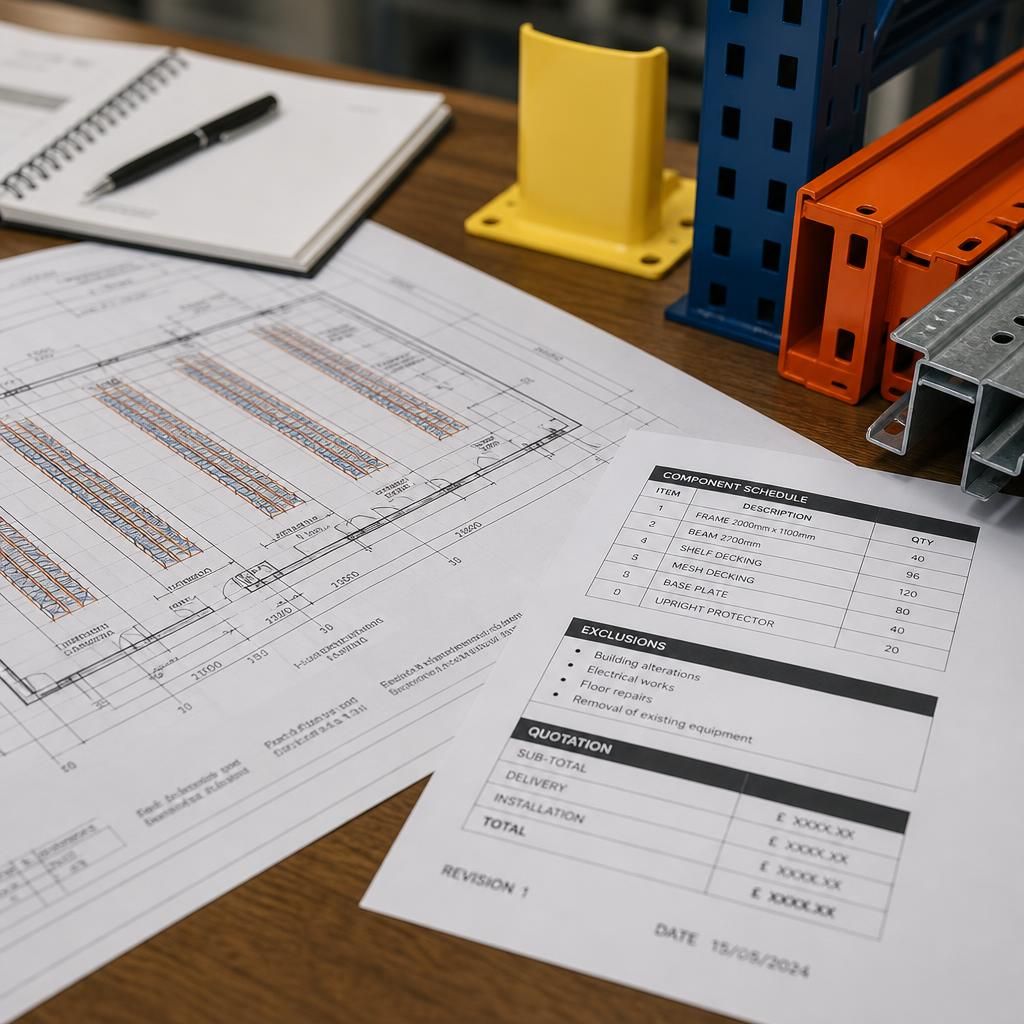 Warehouse shelving layout drawing beside shelving components and a quotation document
