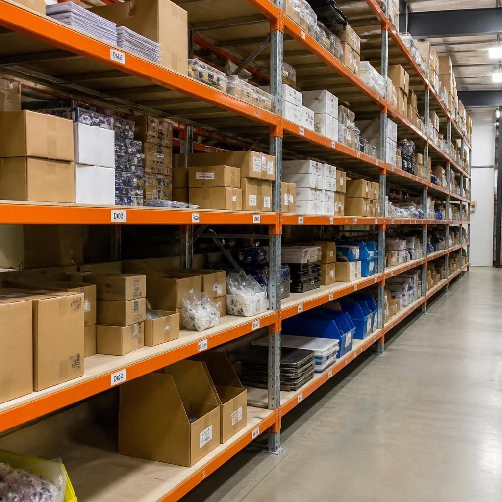 Warehouse aisle with longspan shelving stocked with cartons and labelled storage bays