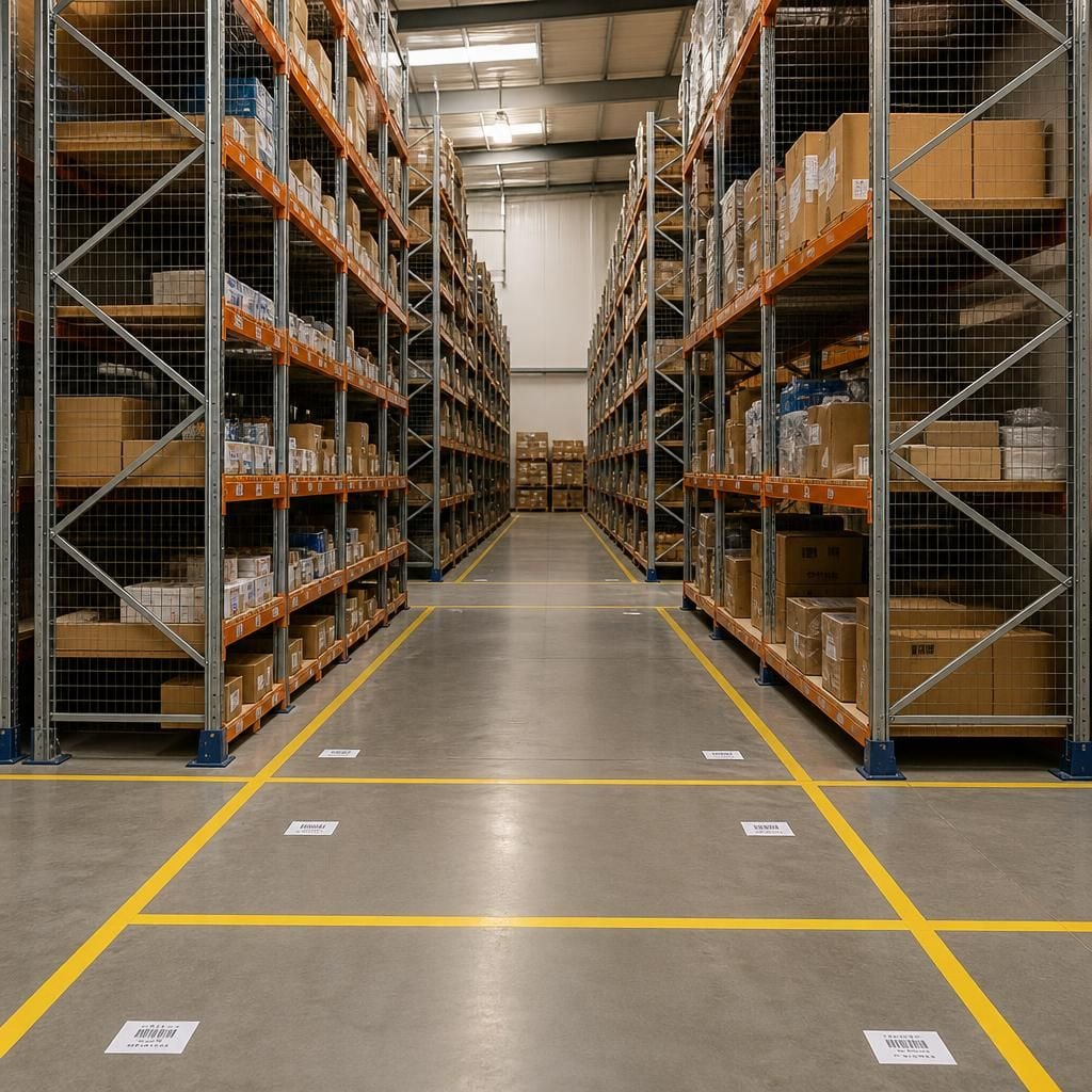 Warehouse shelving rows with cross-aisles and labelled picking locations