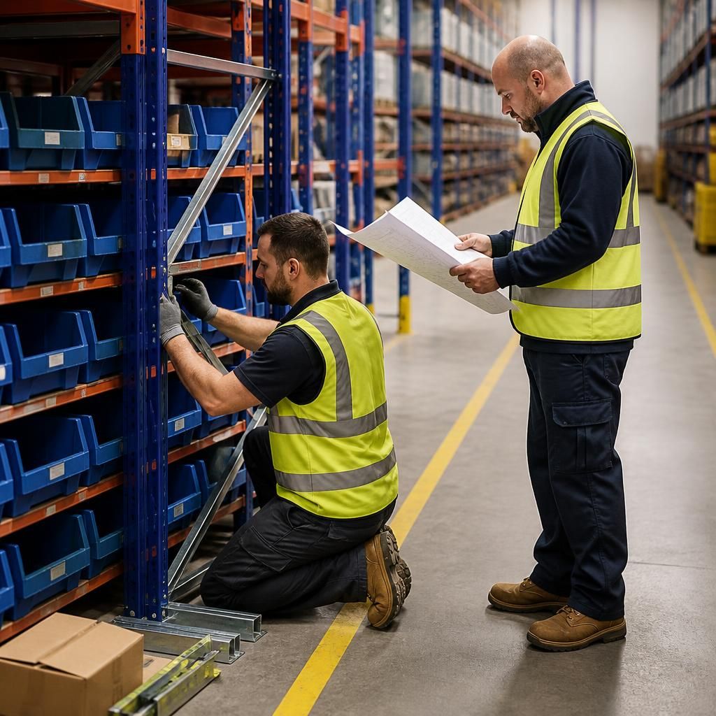 Installer assembling bin racking beside marked warehouse aisles