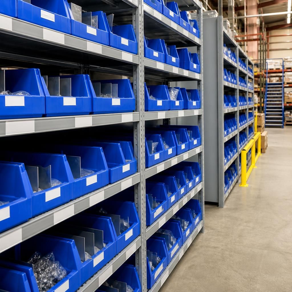 Warehouse storage bins arranged on shelving beside a picking aisle