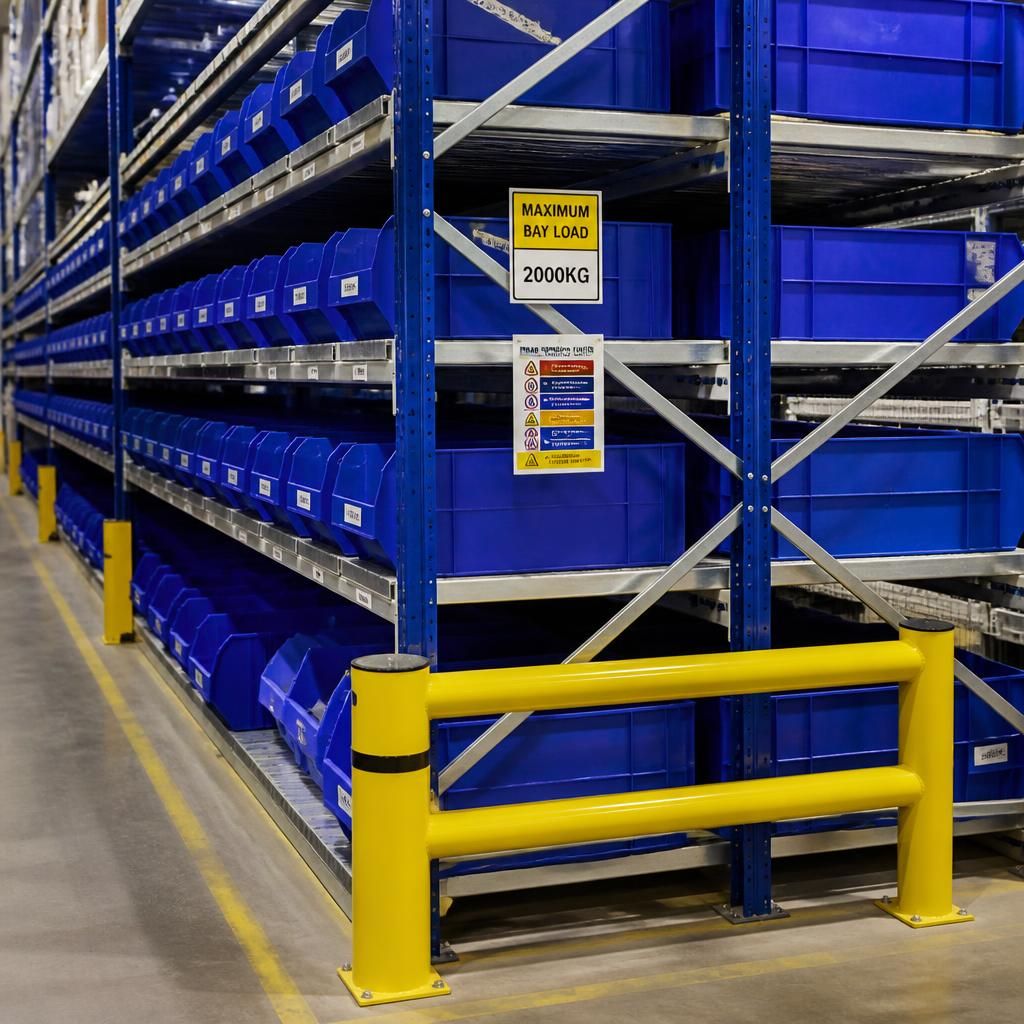 Warehouse bin racking with load notices and protective barriers