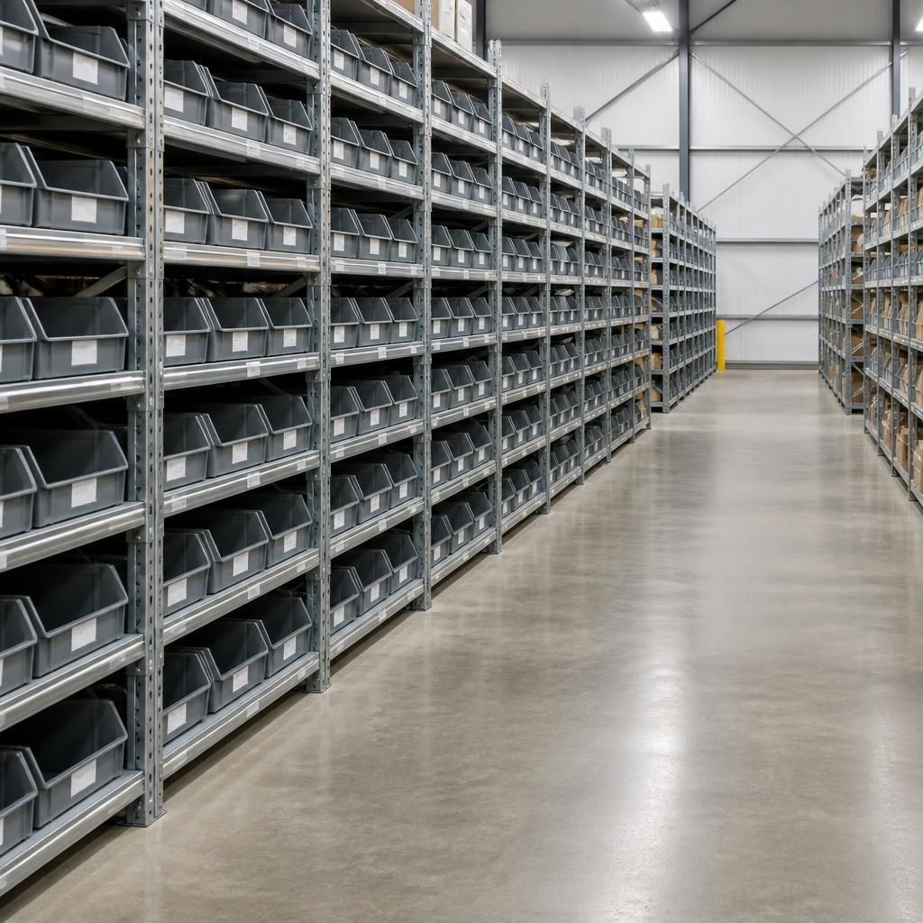 Warehouse bin racking installed on a level concrete floor