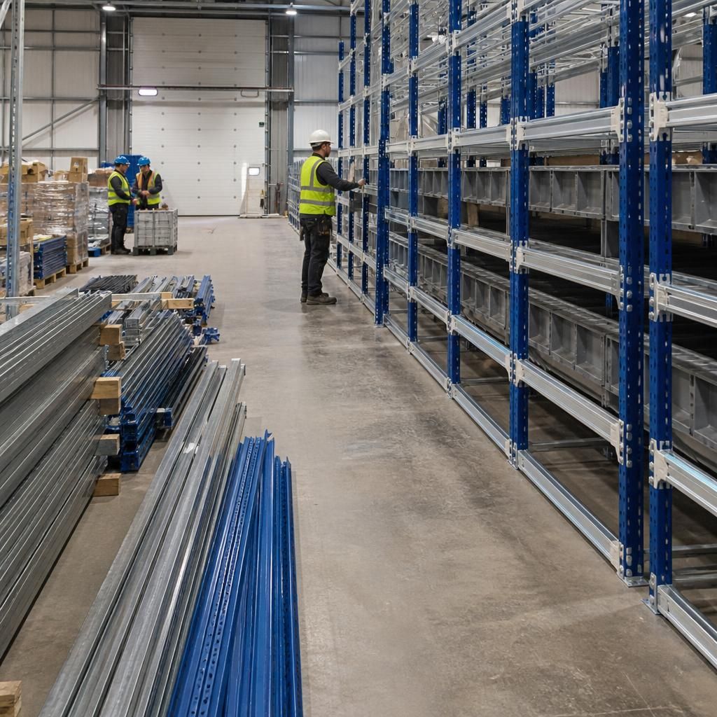Warehouse aisle with bin racking components being positioned for installation