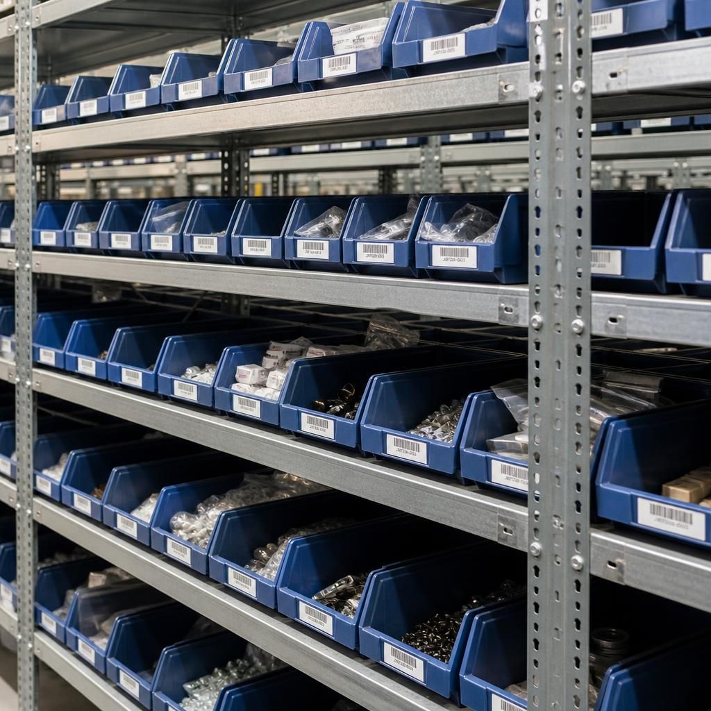 Warehouse shelving with labelled plastic bins arranged across multiple levels