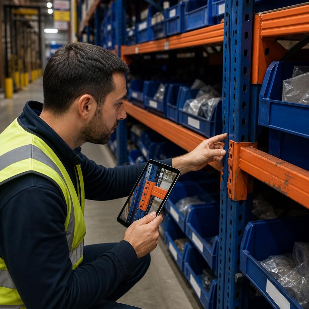 Warehouse worker inspecting bin racking beams and upright frames