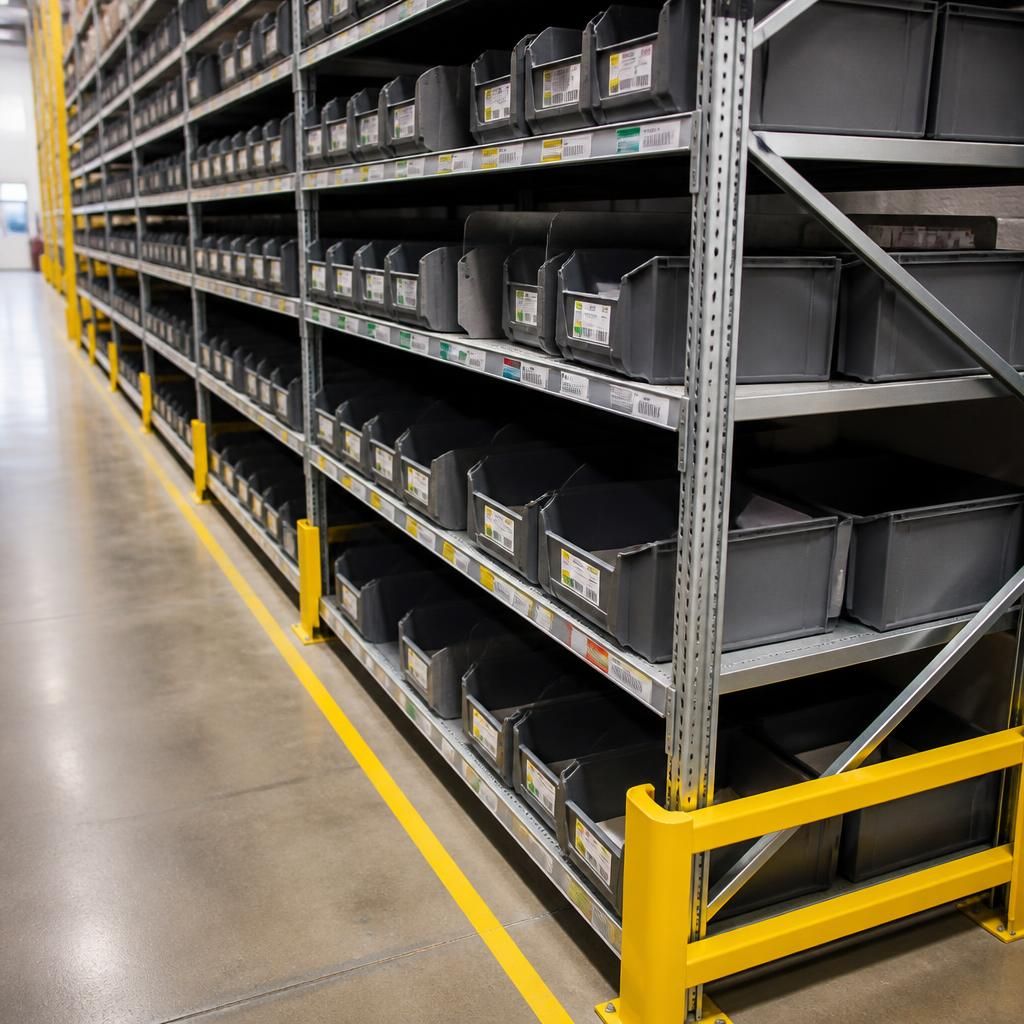 Warehouse bin racking with labelled containers, shelf dividers and aisle protection