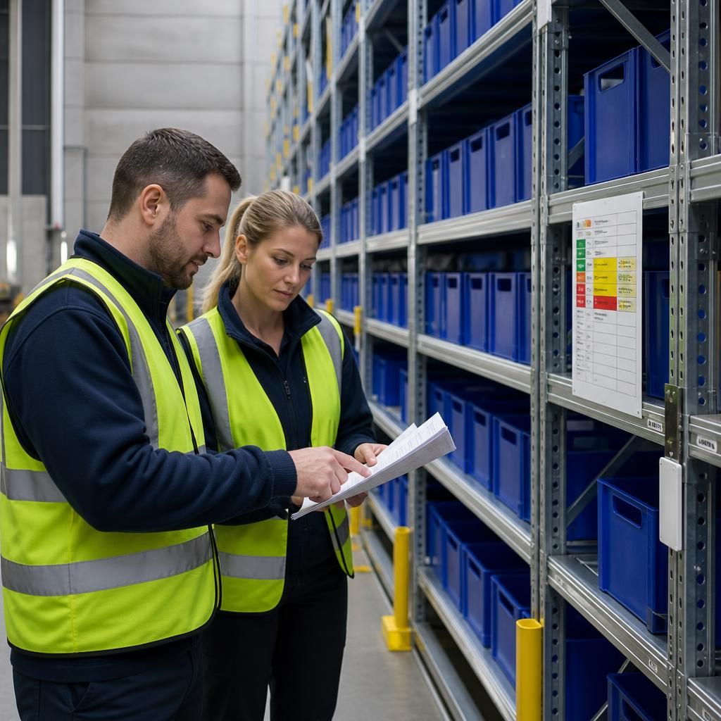 Warehouse workers reviewing bin racking handover documents beside storage bays