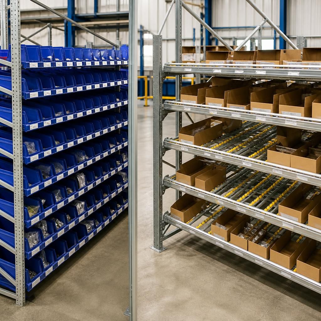 Bin racking beside carton flow shelving with storage bins and carton lanes