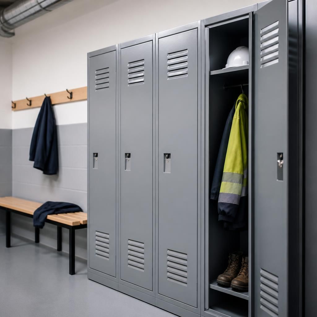 Steel workplace lockers with louvred doors beside a changing-room bench