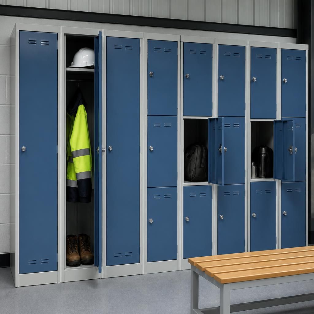 Workplace locker bank with single-, double- and triple-tier compartments