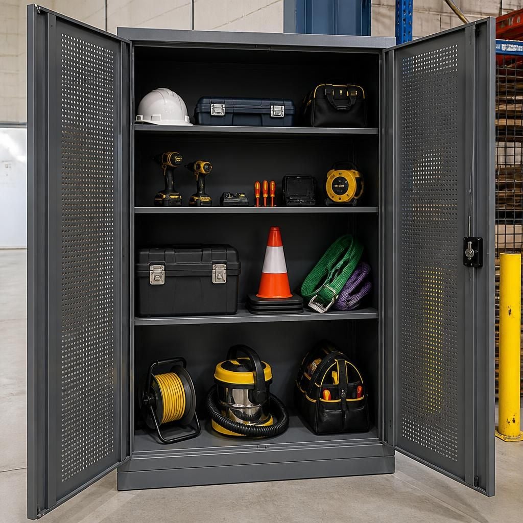 Open bulk storage locker containing shared industrial tools and equipment