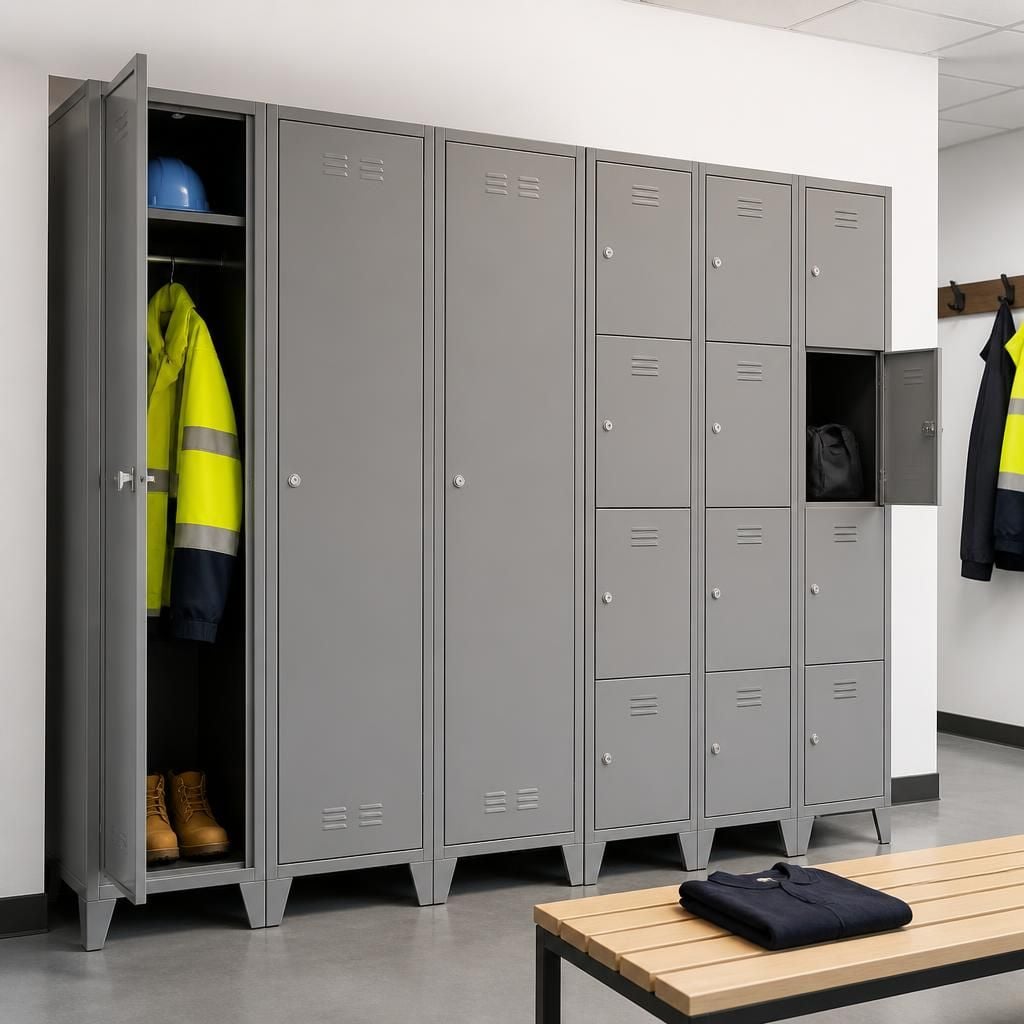 Industrial locker bank showing single-tier and 3-tier compartments
