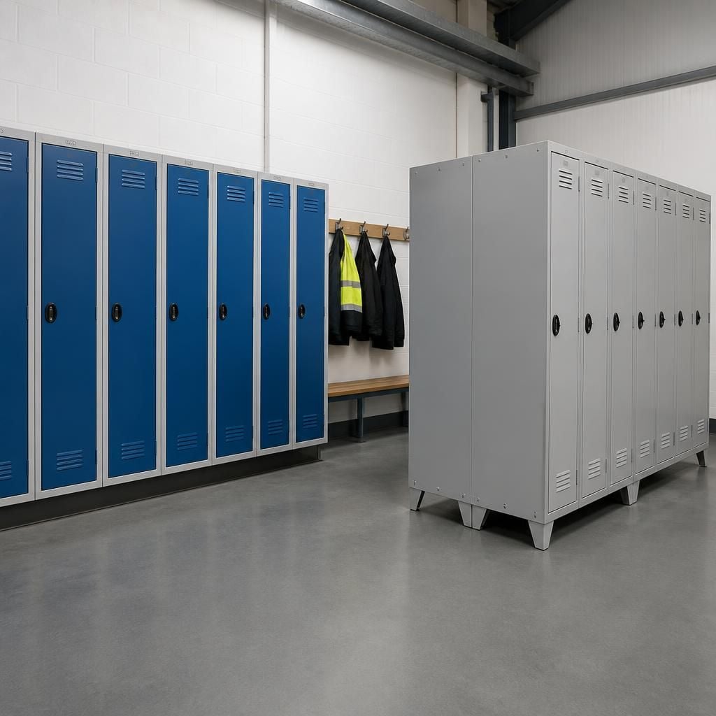 Floor-fixed and freestanding industrial lockers in a workplace