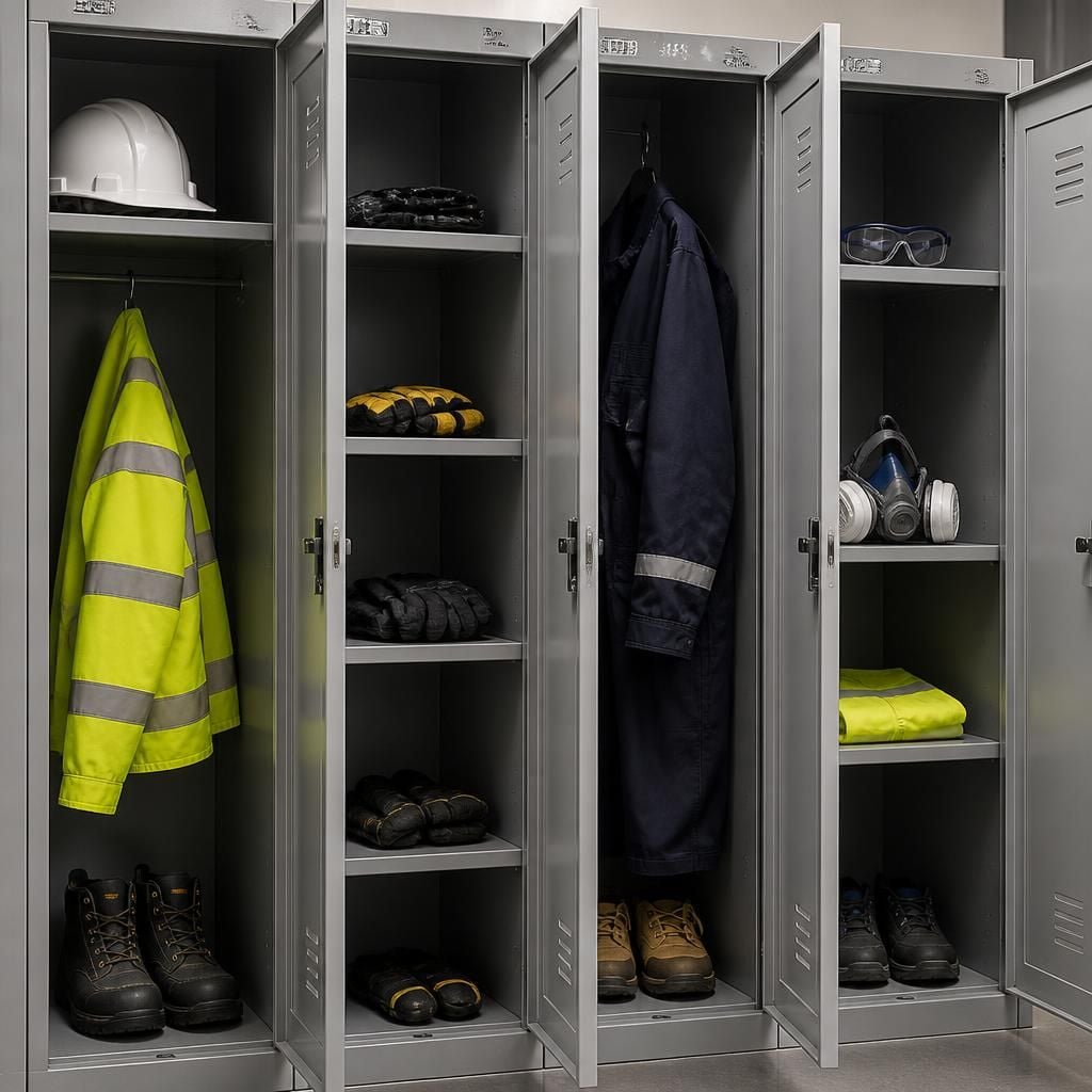 Industrial locker with separate sections holding helmets, gloves and protective clothing