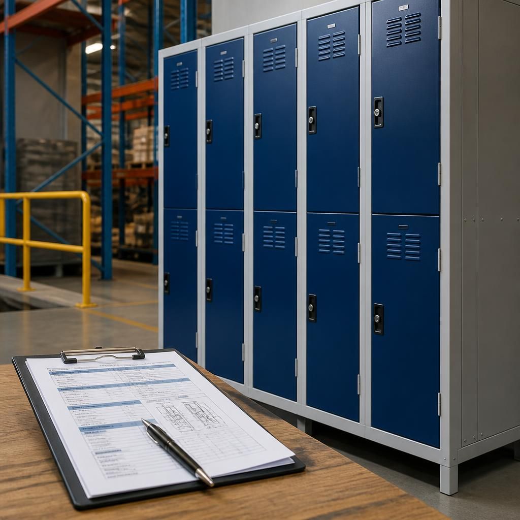 Industrial storage lockers beside a clipboard with product and installation documents