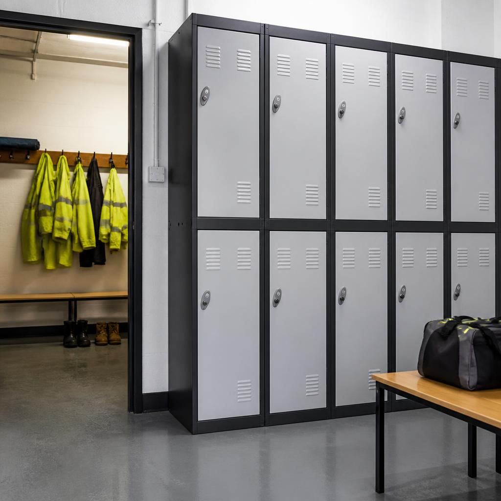 Industrial steel lockers positioned beside a workplace changing area