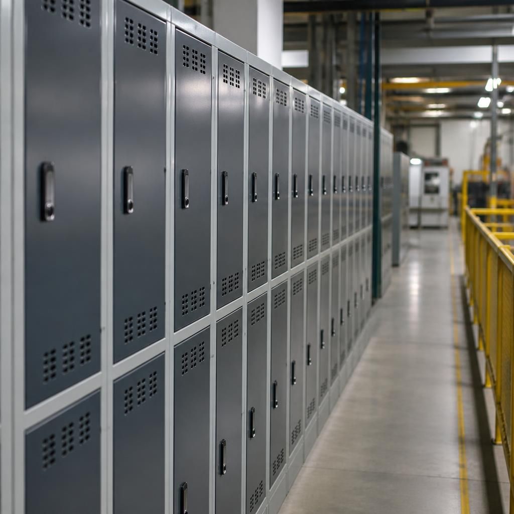 Rows of steel storage lockers beside an industrial workplace walkway