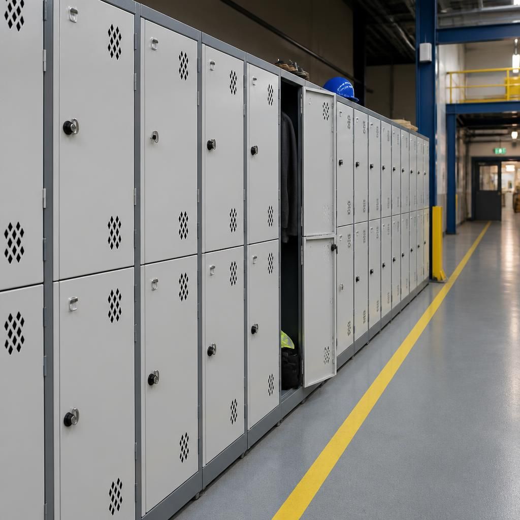 Industrial steel lockers arranged in rows beside a marked workplace walkway
