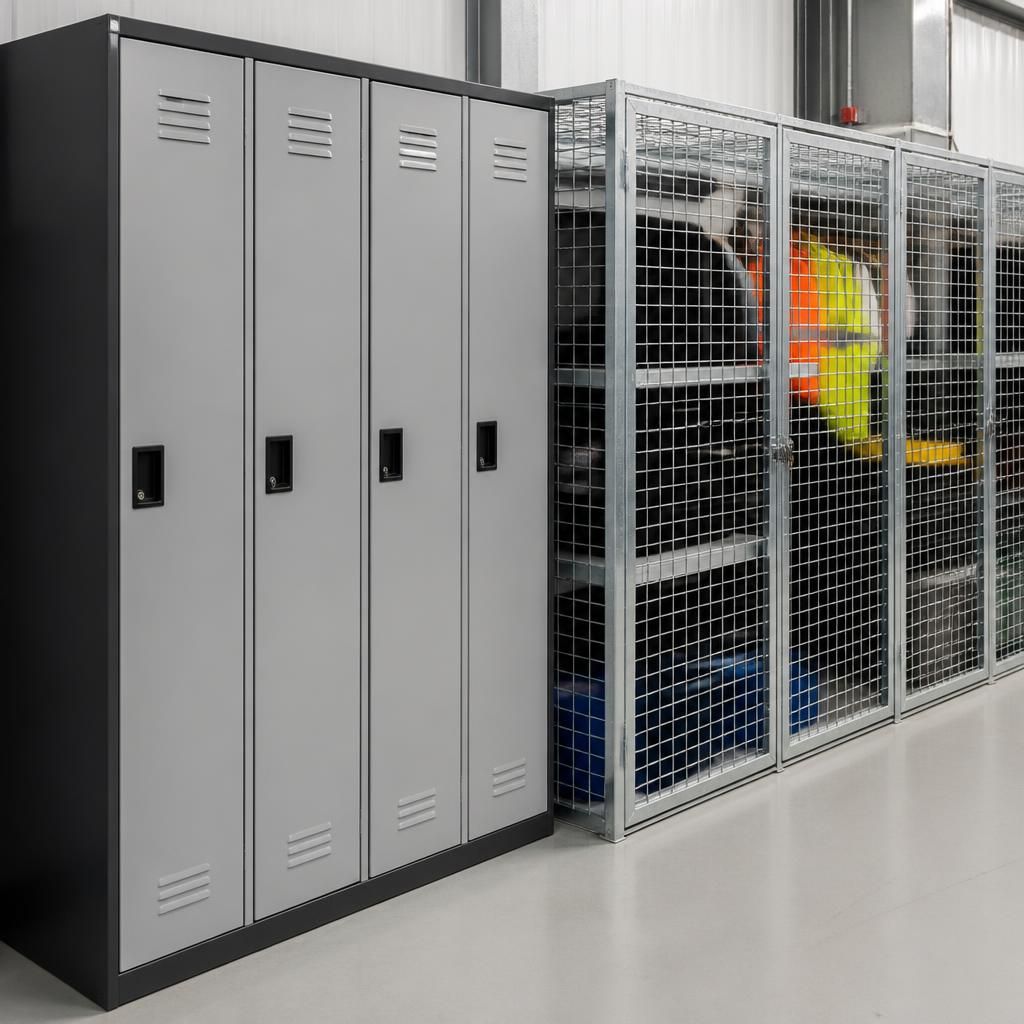 Steel lockers with solid doors beside wire lockers in an industrial workplace