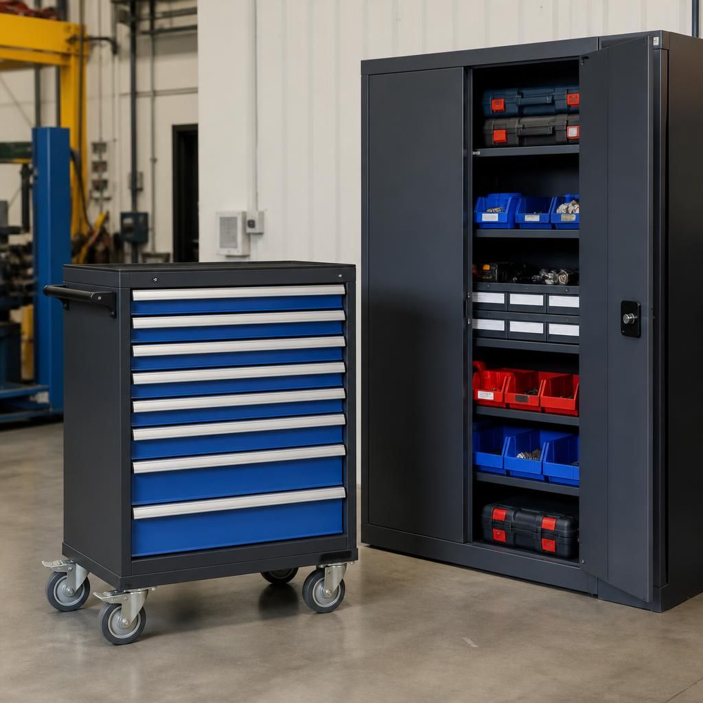 Mobile tool storage locker beside a fixed workshop storage unit