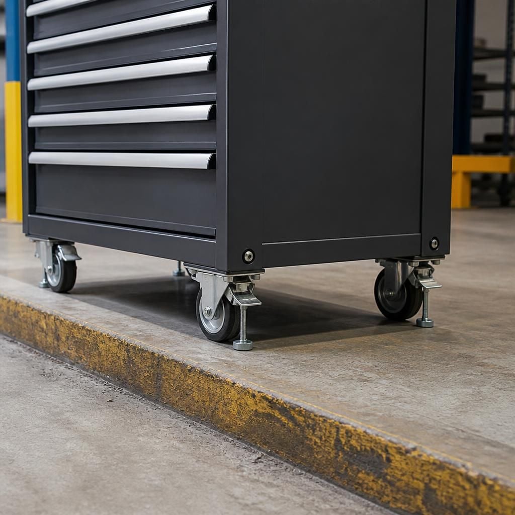 Mobile tool locker with castors on a concrete workshop floor beside a raised threshold