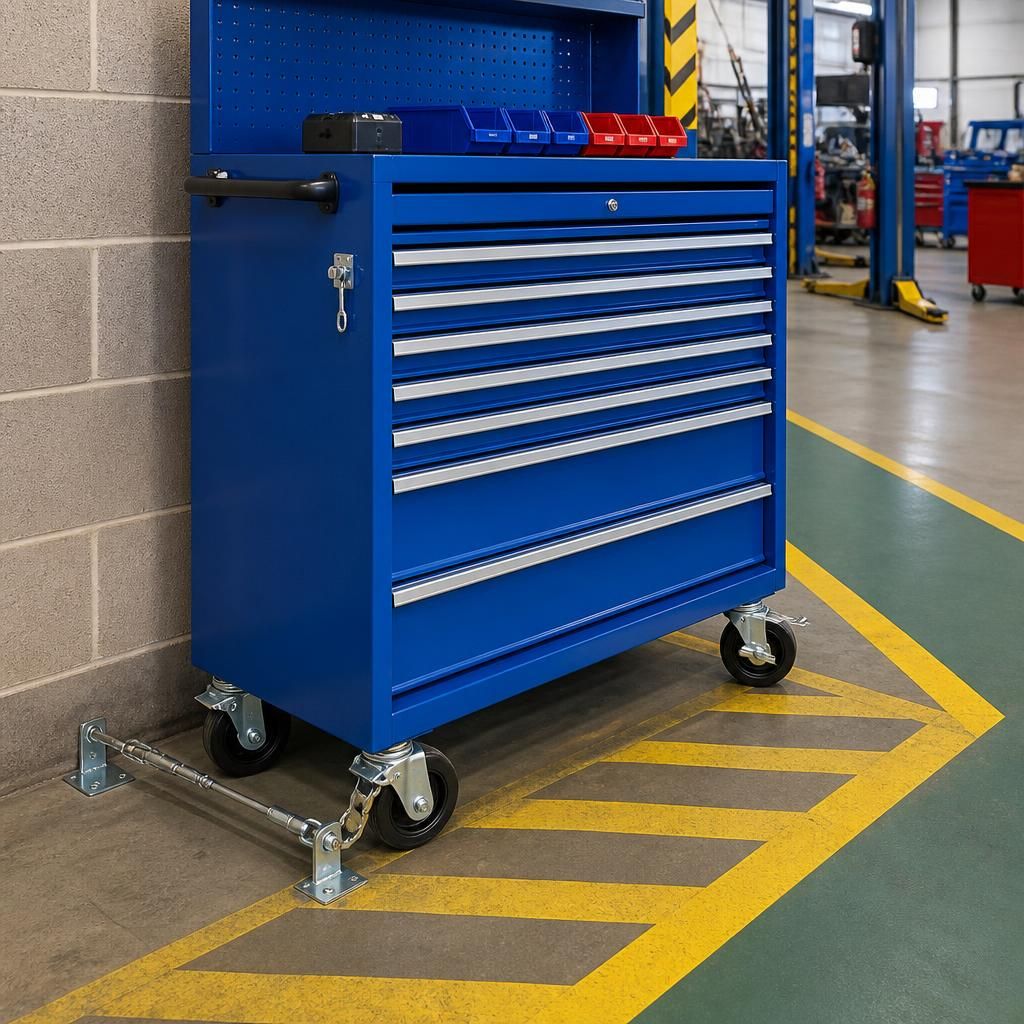 Rolling tool locker with braked castors positioned beside a marked workshop bay