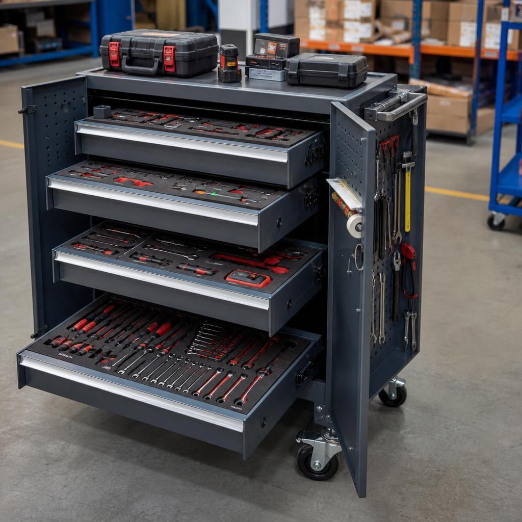 Rolling tool storage locker with open drawers and organised hand tools