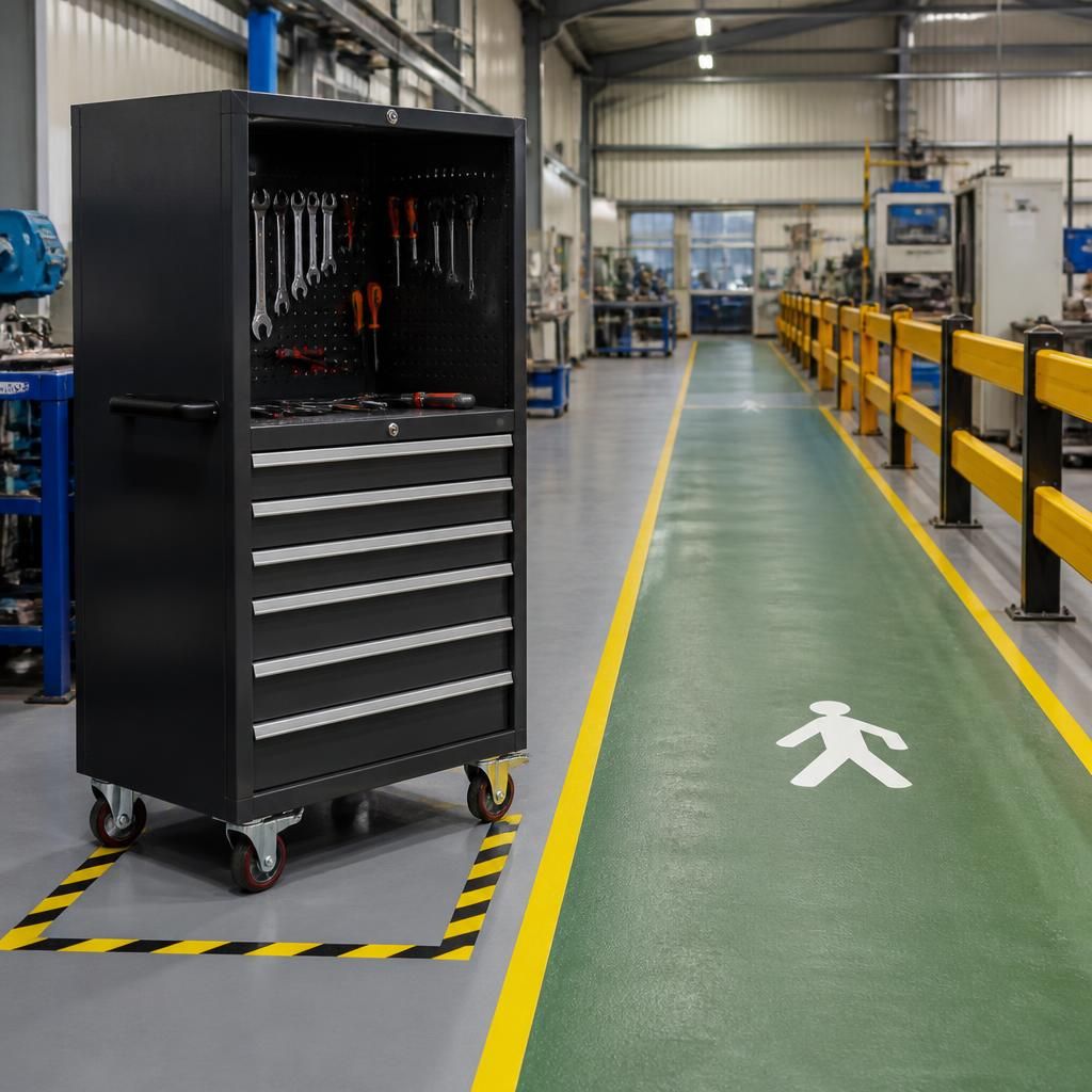 Mobile tool storage locker beside a marked pedestrian route and safety barrier