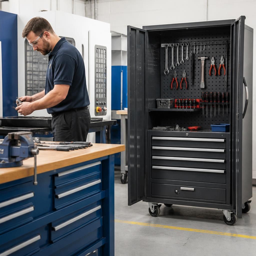 Mobile tool storage lockers positioned beside workshop workstations