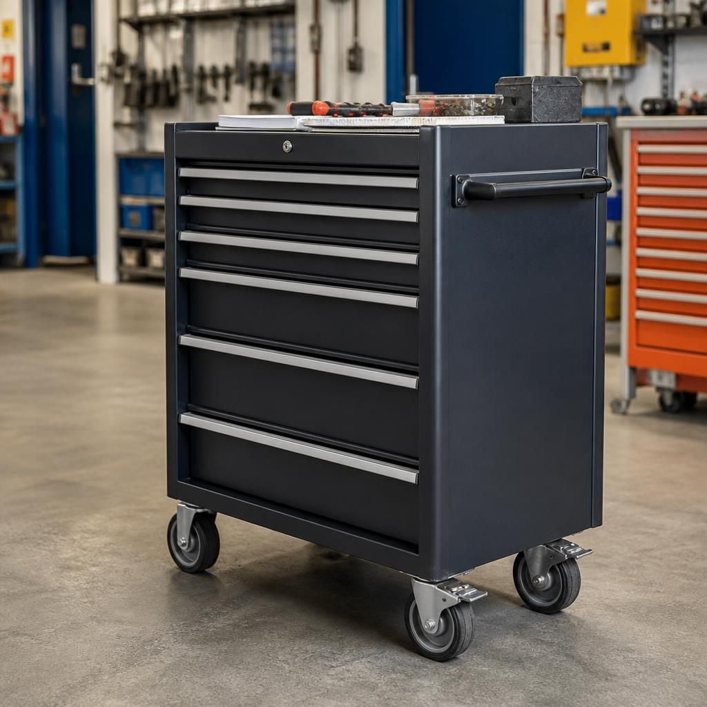 Mobile tool storage locker with drawers, castors and a secure handle in a workshop