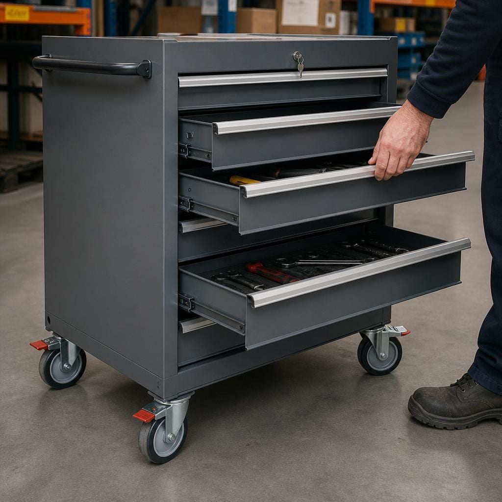 Mobile tool storage locker with open drawers, castors and wheel brakes