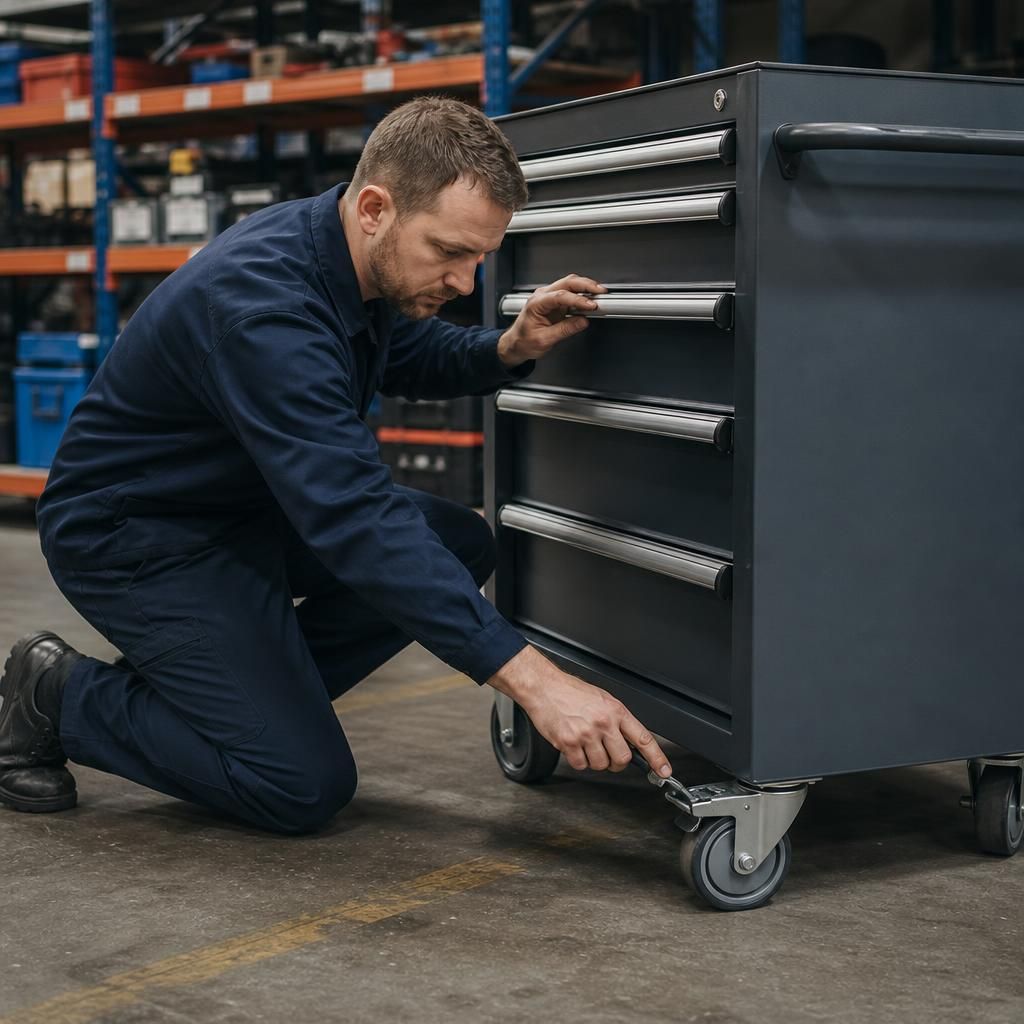 Worker checking castors, drawers and brake on a mobile tool storage locker