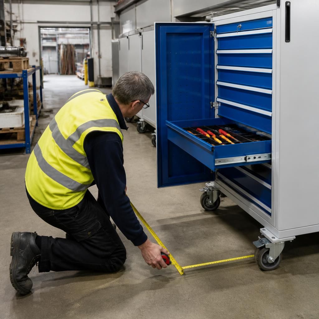 Surveyor measuring workshop space beside mobile tool storage lockers