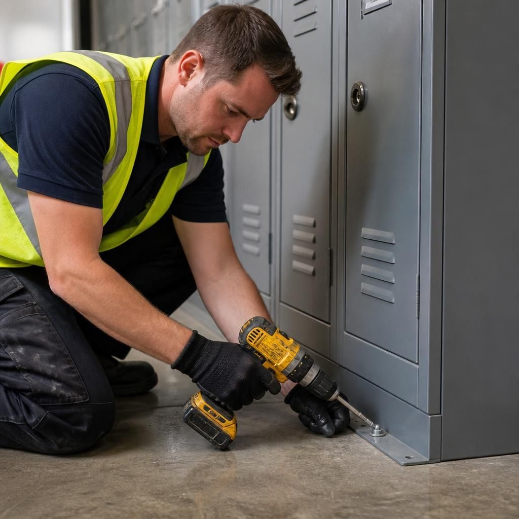 Worker securing a bank of metal lockers to a concrete floor