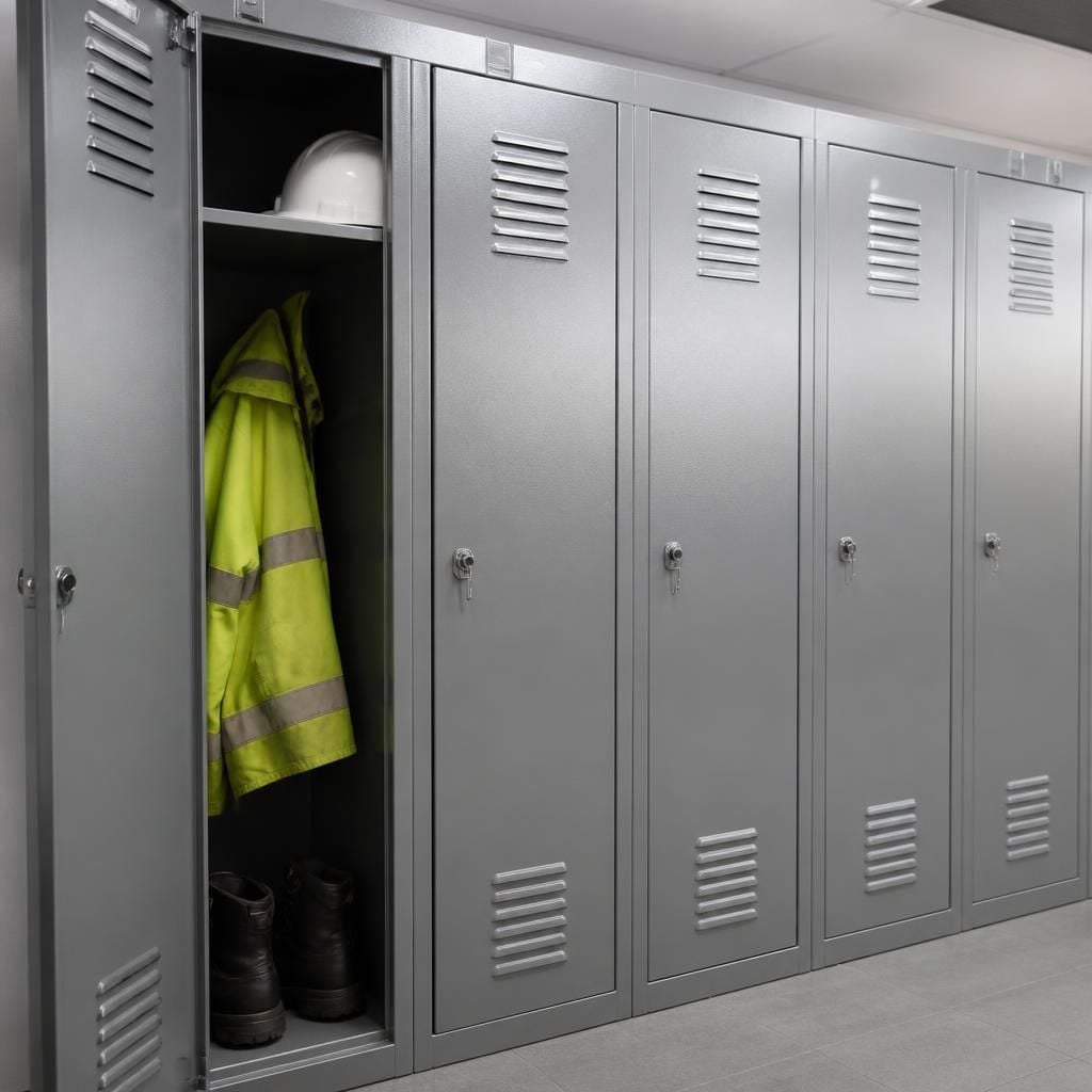 Secure metal lockers with louvre ventilation panels in a workplace